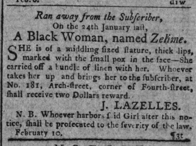 1798 Philadelphia ad to recover escaped slave Zelime.